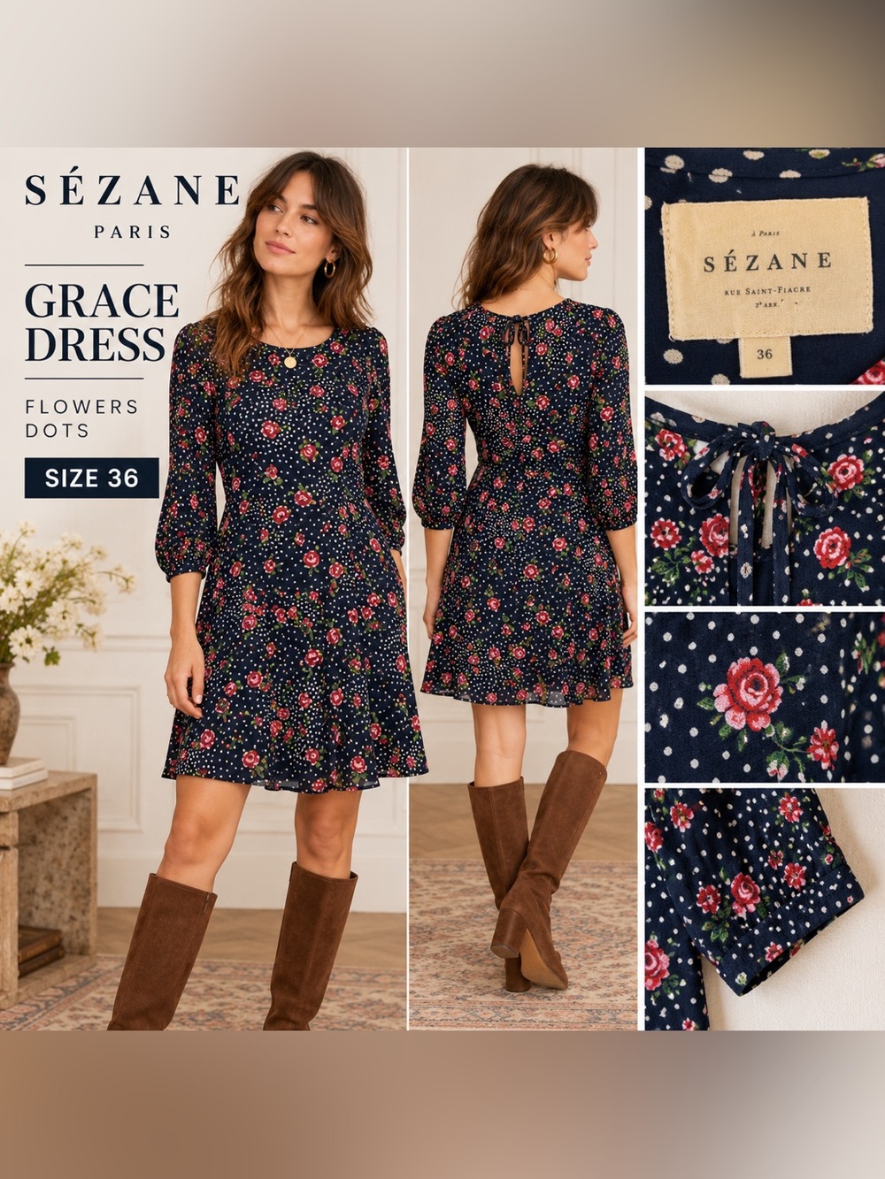 Sézane Grace Dress Women’s Size 36 Navy Floral Polka Dot Mini Dress